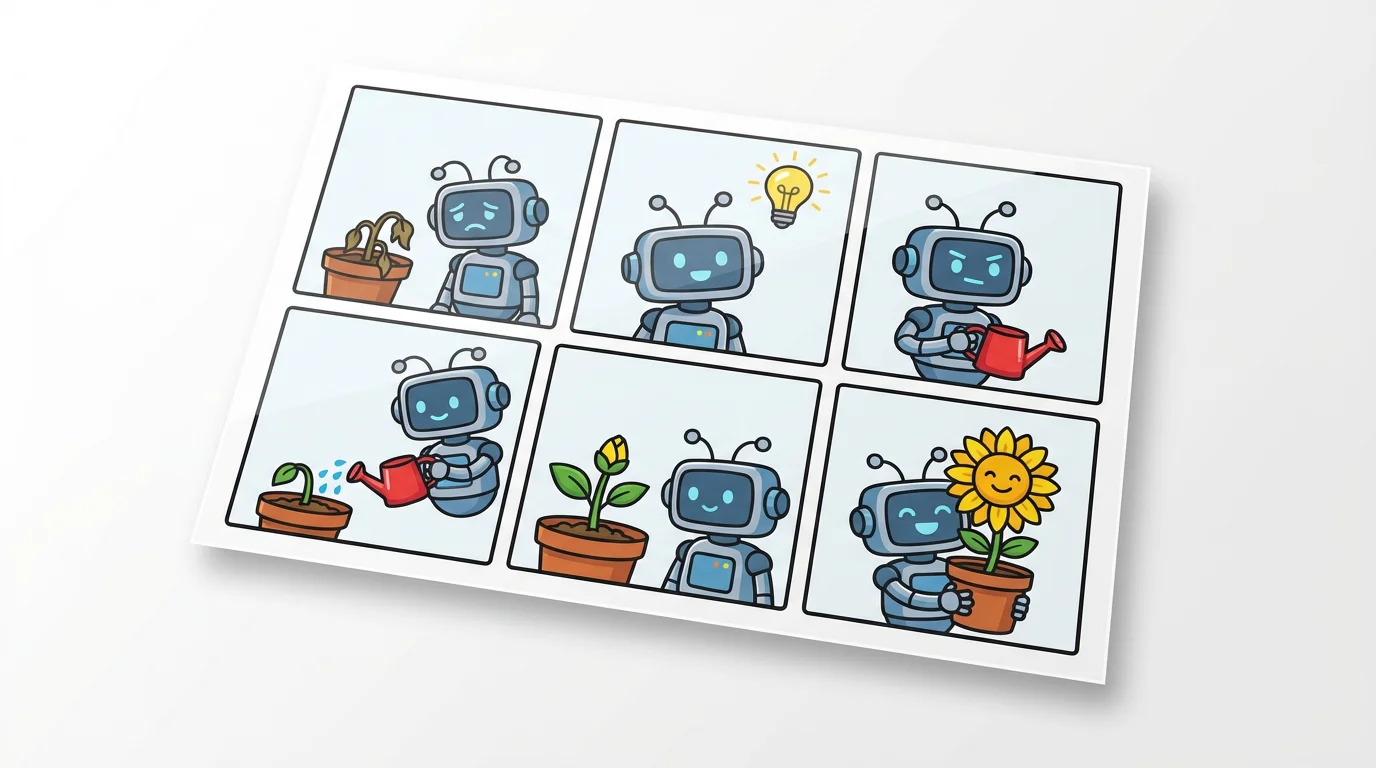 A six-panel comic strip mockup in a modern flat art style. It shows a cute robot finding a wilted flower, watering it, and celebrating as it blooms again.