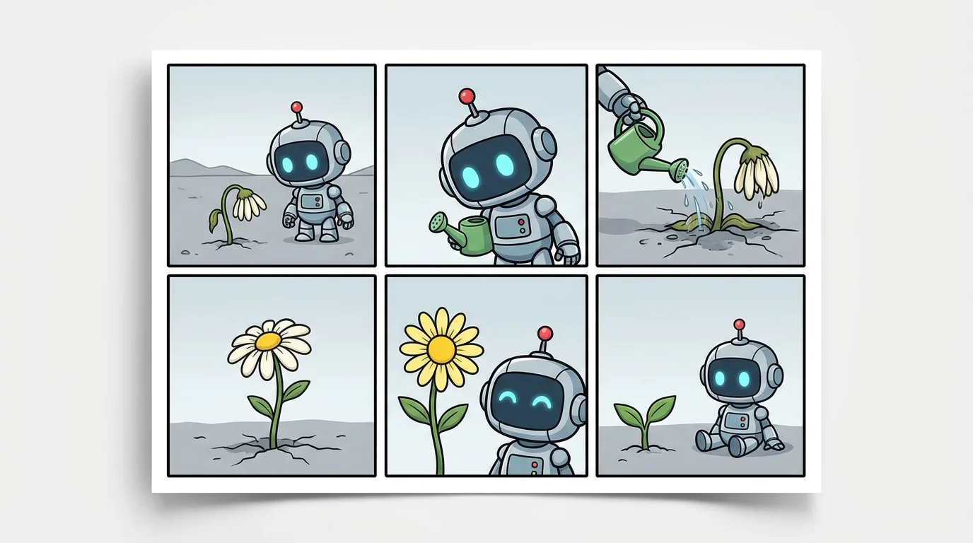 A 6-panel comic strip in a clean cartoon style showing a friendly robot finding a wilting flower, watering it back to health, and sitting happily beside it as it blooms.