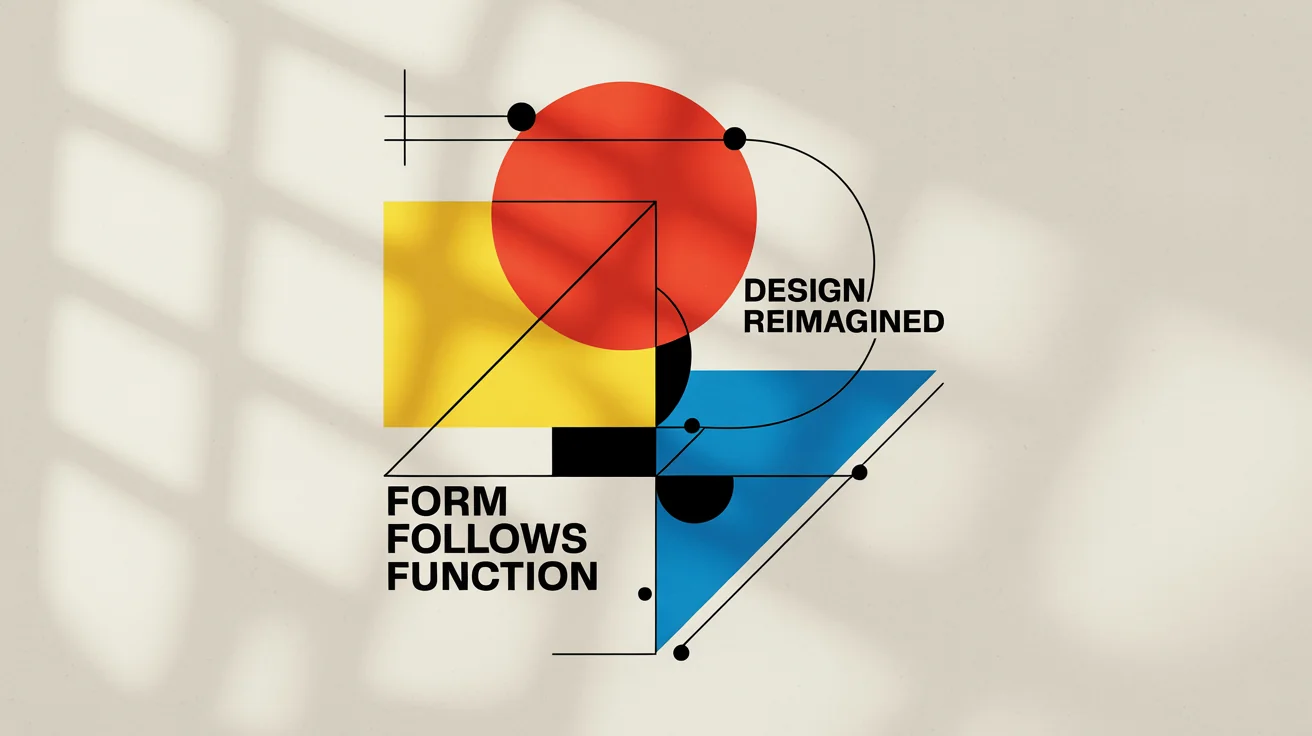 A hero image showcasing a Bauhaus-style graphic design. It features red, yellow, and blue geometric shapes like circles and squares, with black lines and text that reads 'DESIGN REIMAGINED'.