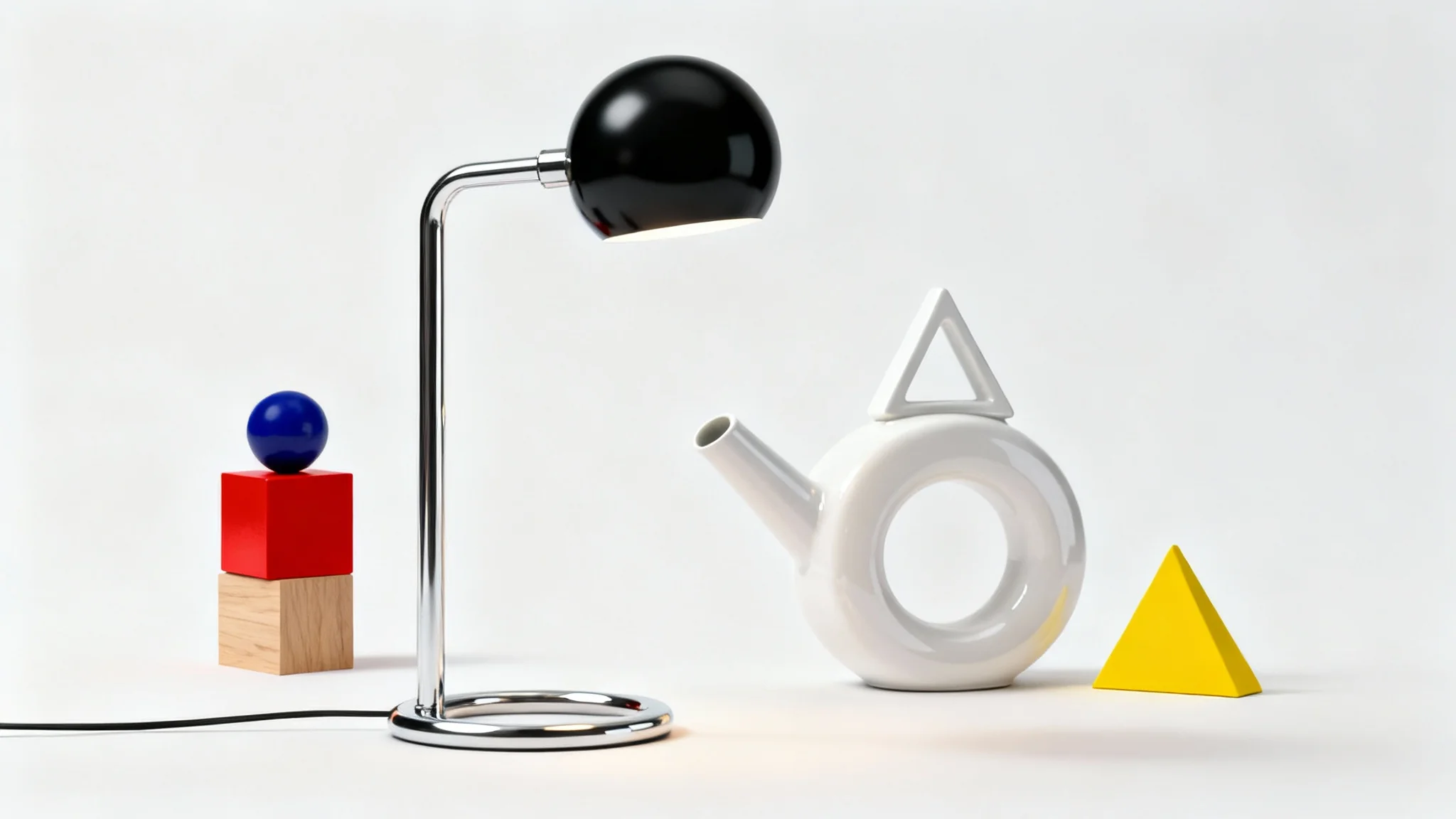 A minimalist product mockup in the Bauhaus style, featuring a chrome and black lamp, a white geometric teapot, and red, yellow, and blue wooden blocks against a clean white background.