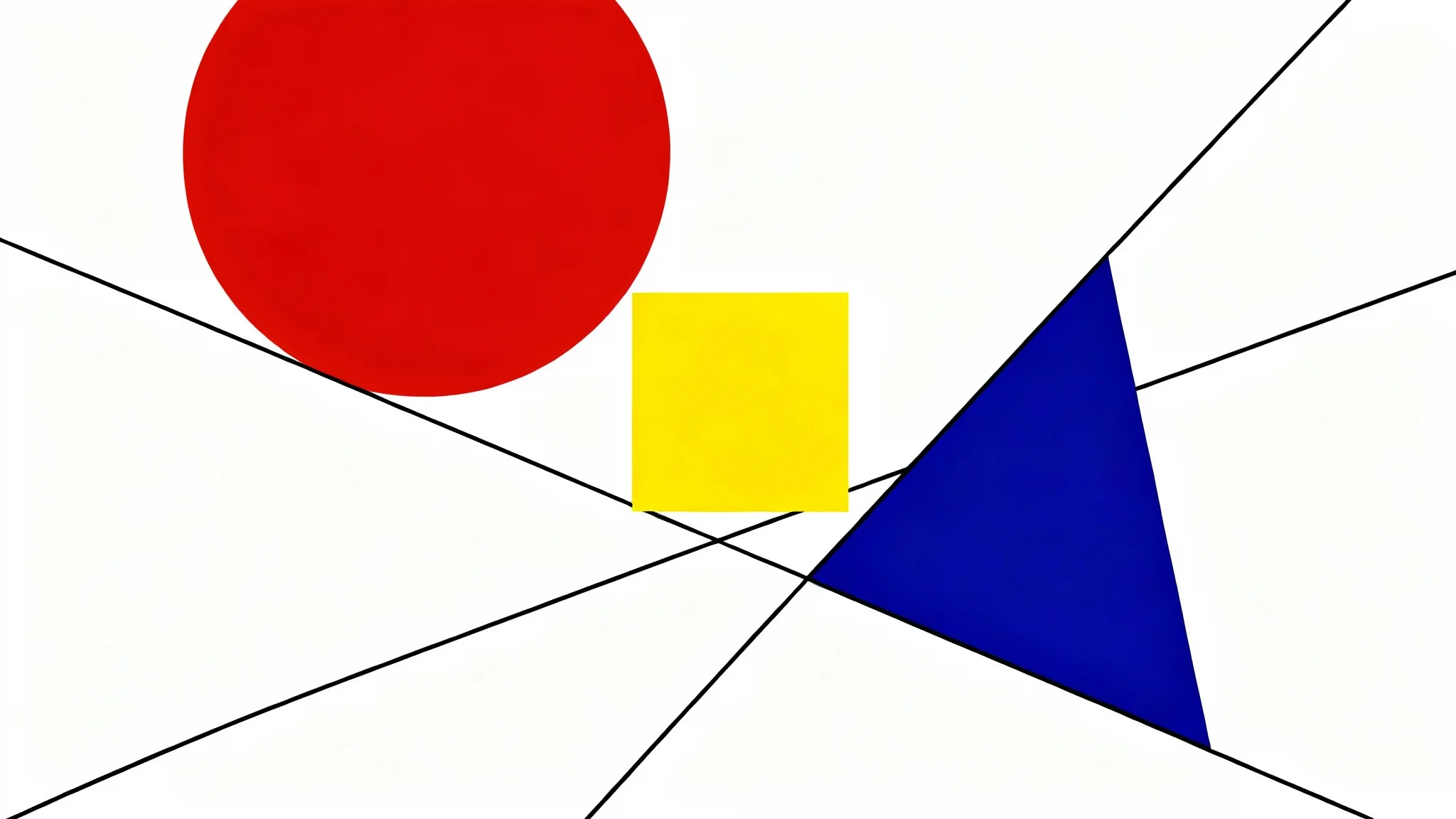 A minimalist Bauhaus-style graphic design featuring a red circle, a yellow square, and a blue triangle interconnected with black lines on a white background.