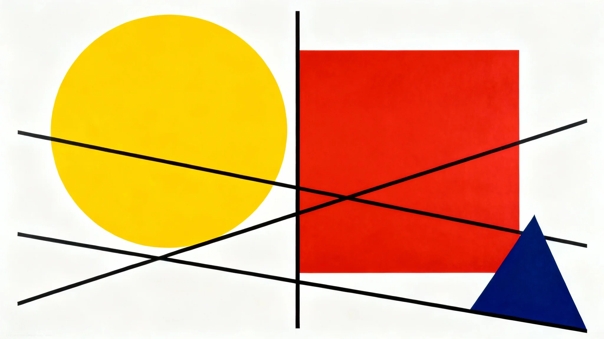 A minimalist graphic composition in the Bauhaus style, featuring a yellow circle, red square, and blue triangle interconnected with black lines on a white background.