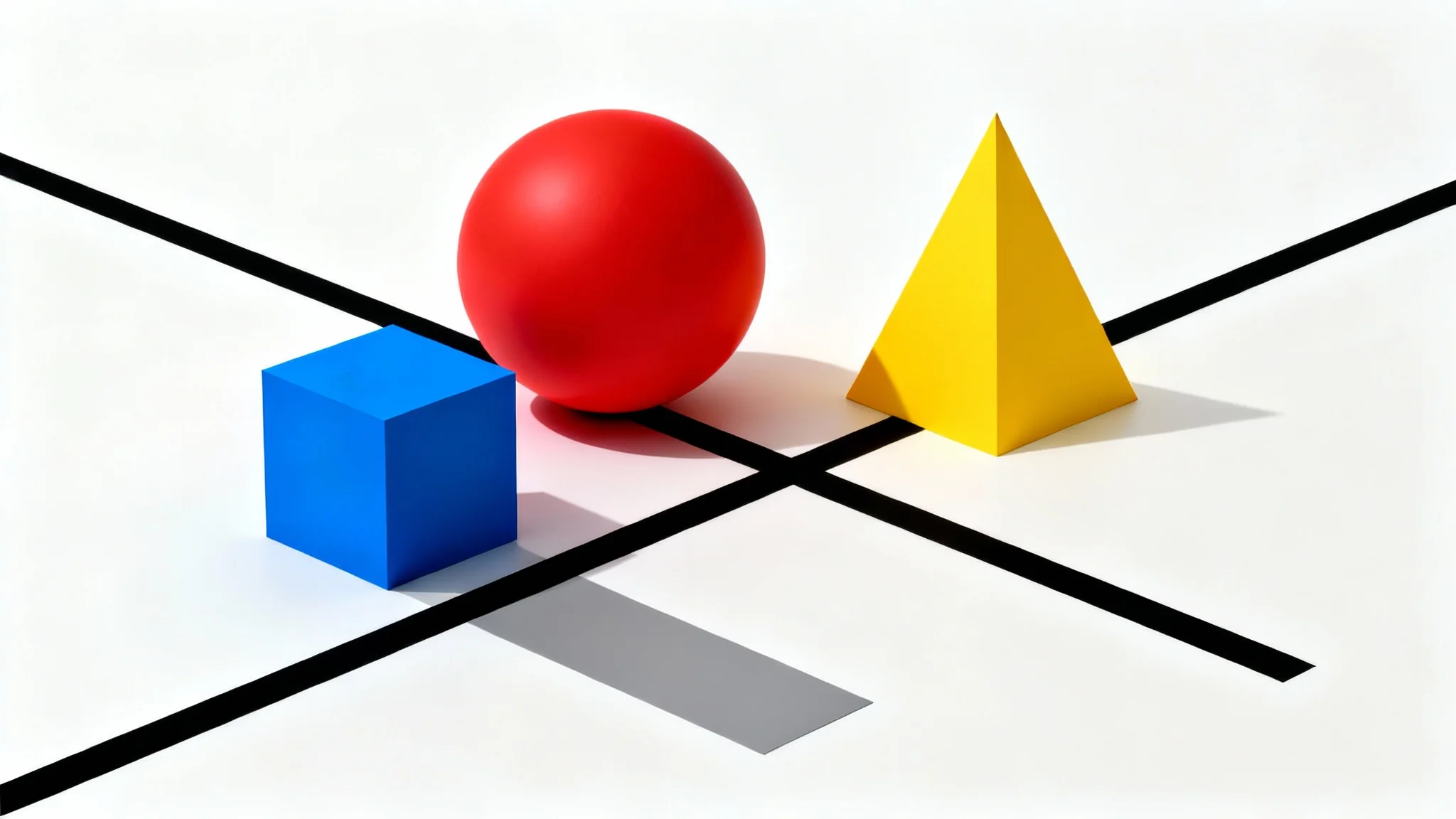 A digital mockup illustrating Bauhaus design principles, featuring a red sphere, a blue cube, and a yellow pyramid arranged in a minimalist composition on a white background with black lines.