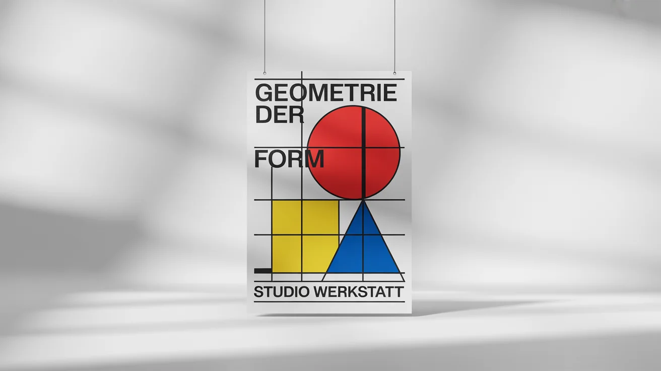 A poster mockup demonstrating Bauhaus design principles, featuring a red circle, blue triangle, and yellow square arranged asymmetrically with black lines and text on a white background.