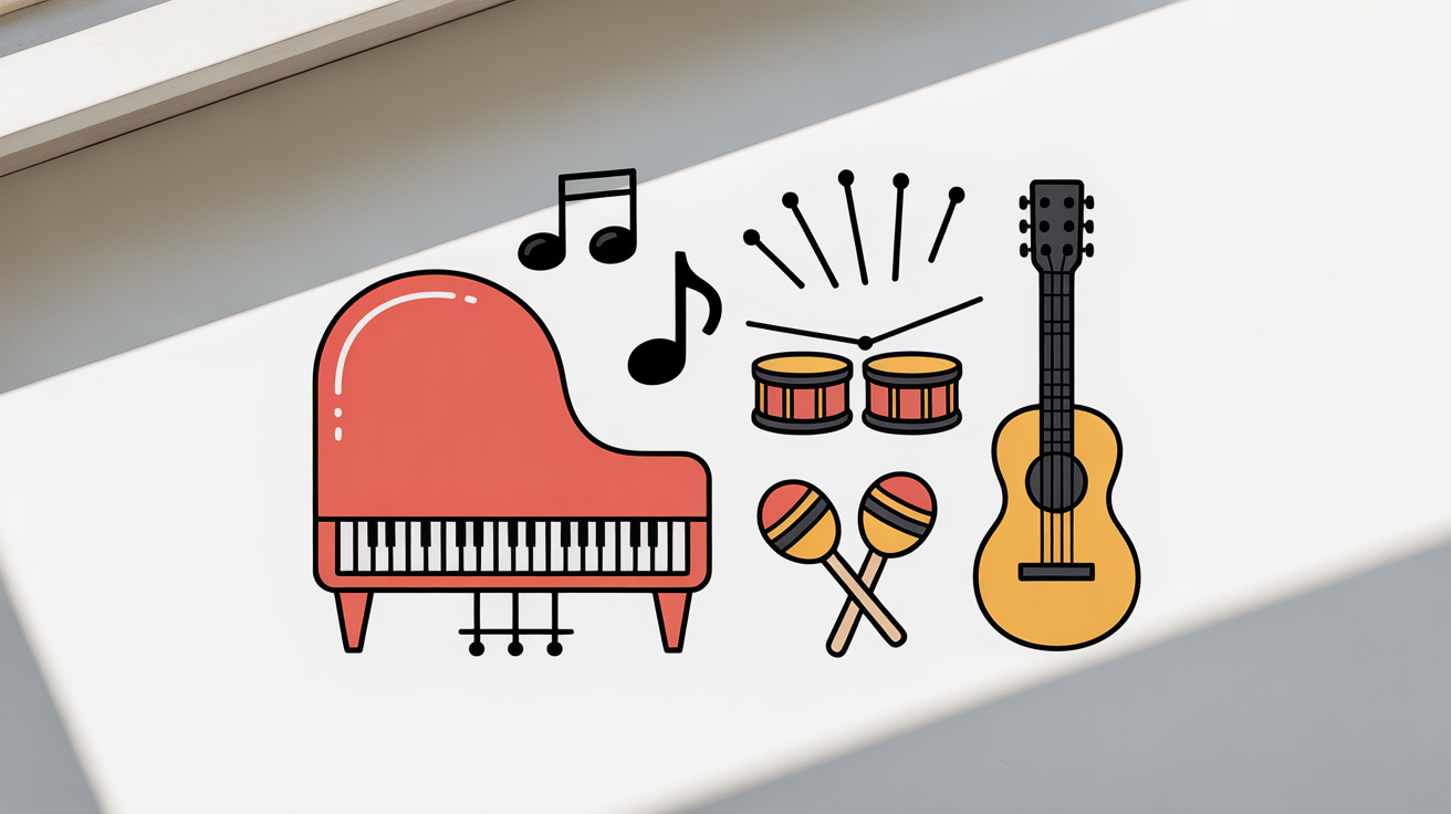 A collection of colorful and playful music classroom clipart elements arranged neatly on a white background, including a piano, guitar, drums, and musical notes.