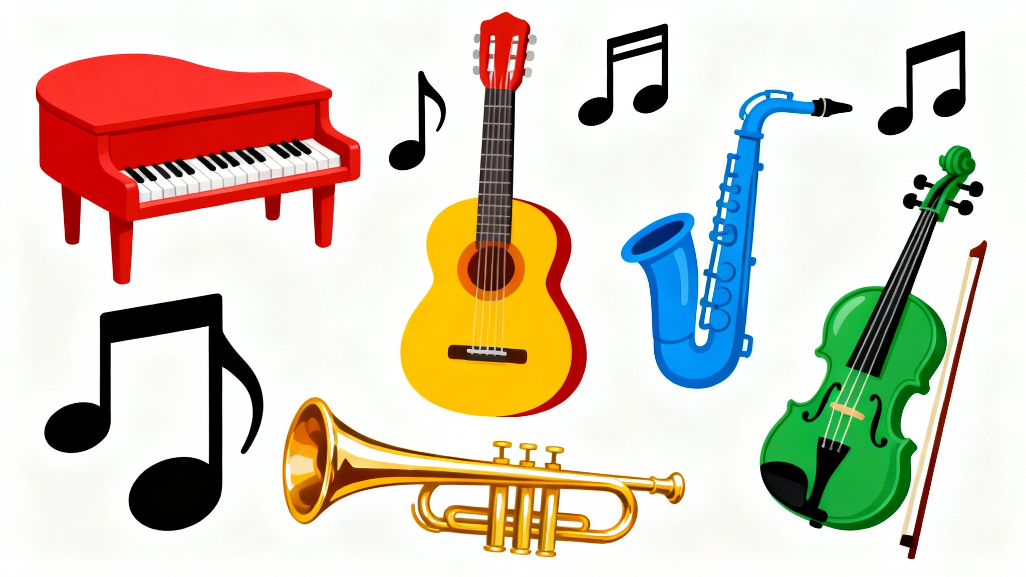 A collection of colorful, flat-style clipart for a music classroom, including a piano, guitar, saxophone, violin, and musical notes, all on a white background.