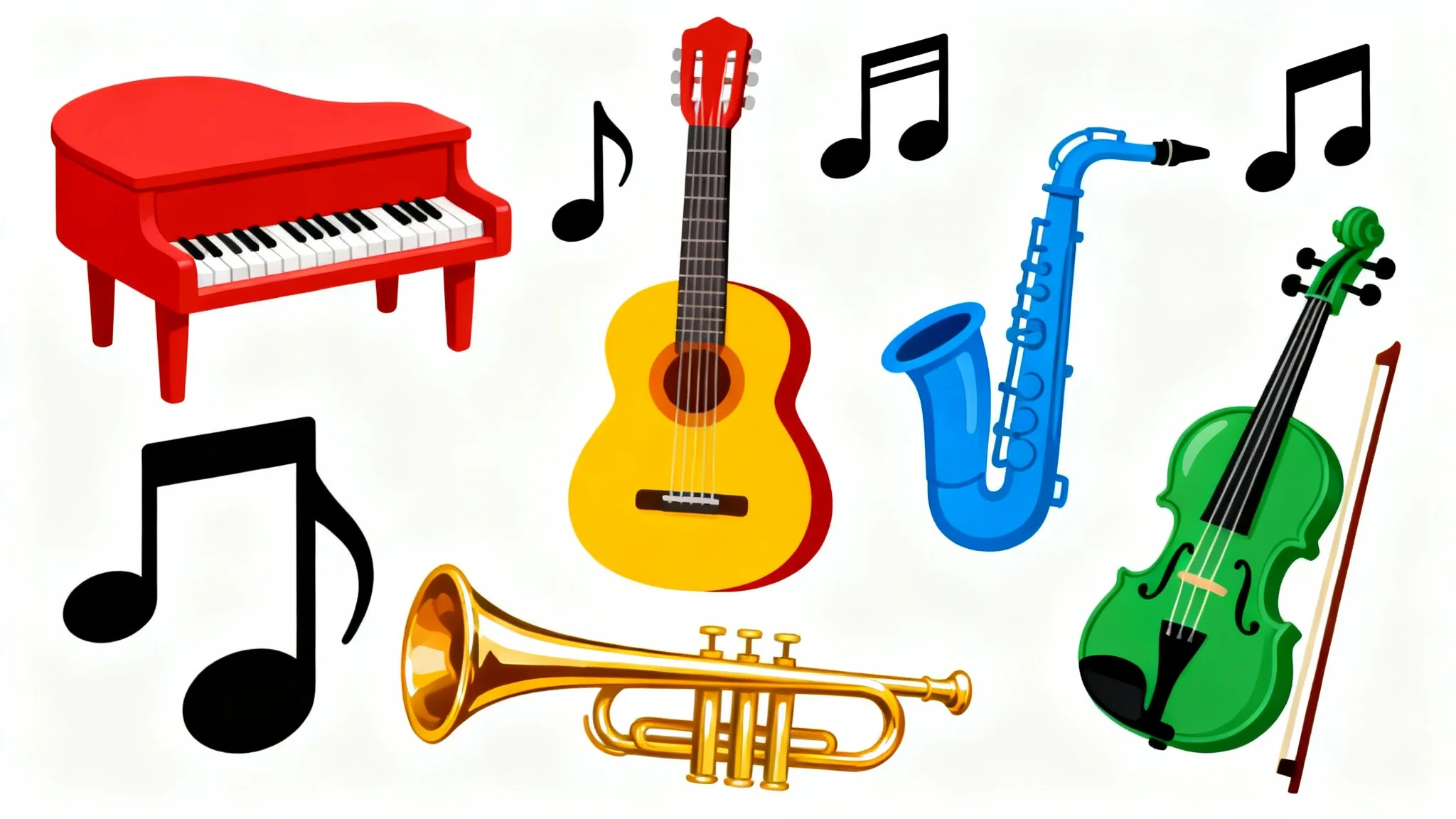 A collection of colorful, flat-style clipart for a music classroom, including a piano, guitar, saxophone, violin, and musical notes, all on a white background.