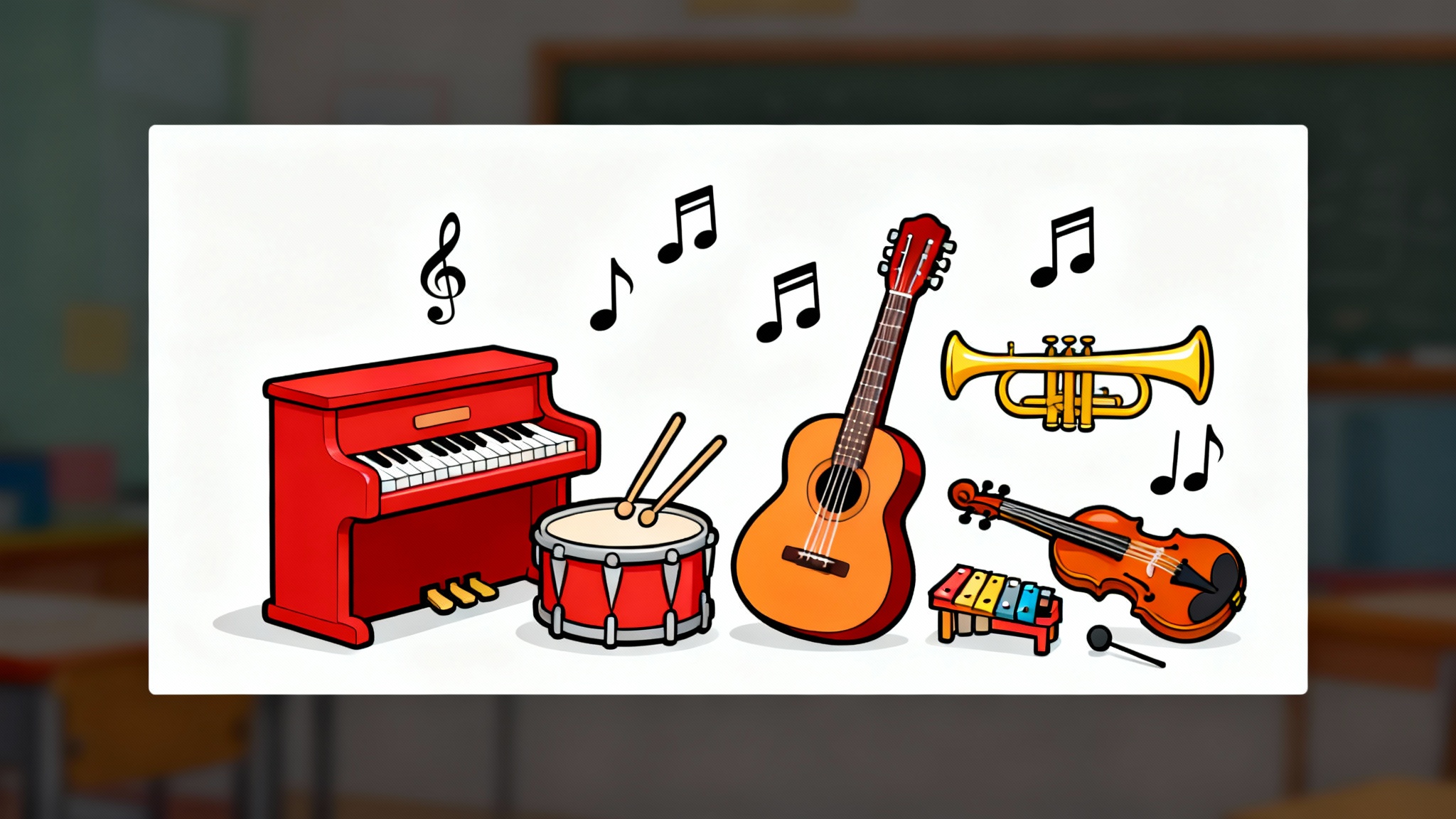 A collection of colorful, cartoon-style clipart representing musical instruments and symbols, including a guitar, piano, drums, and musical notes, arranged on a white background.