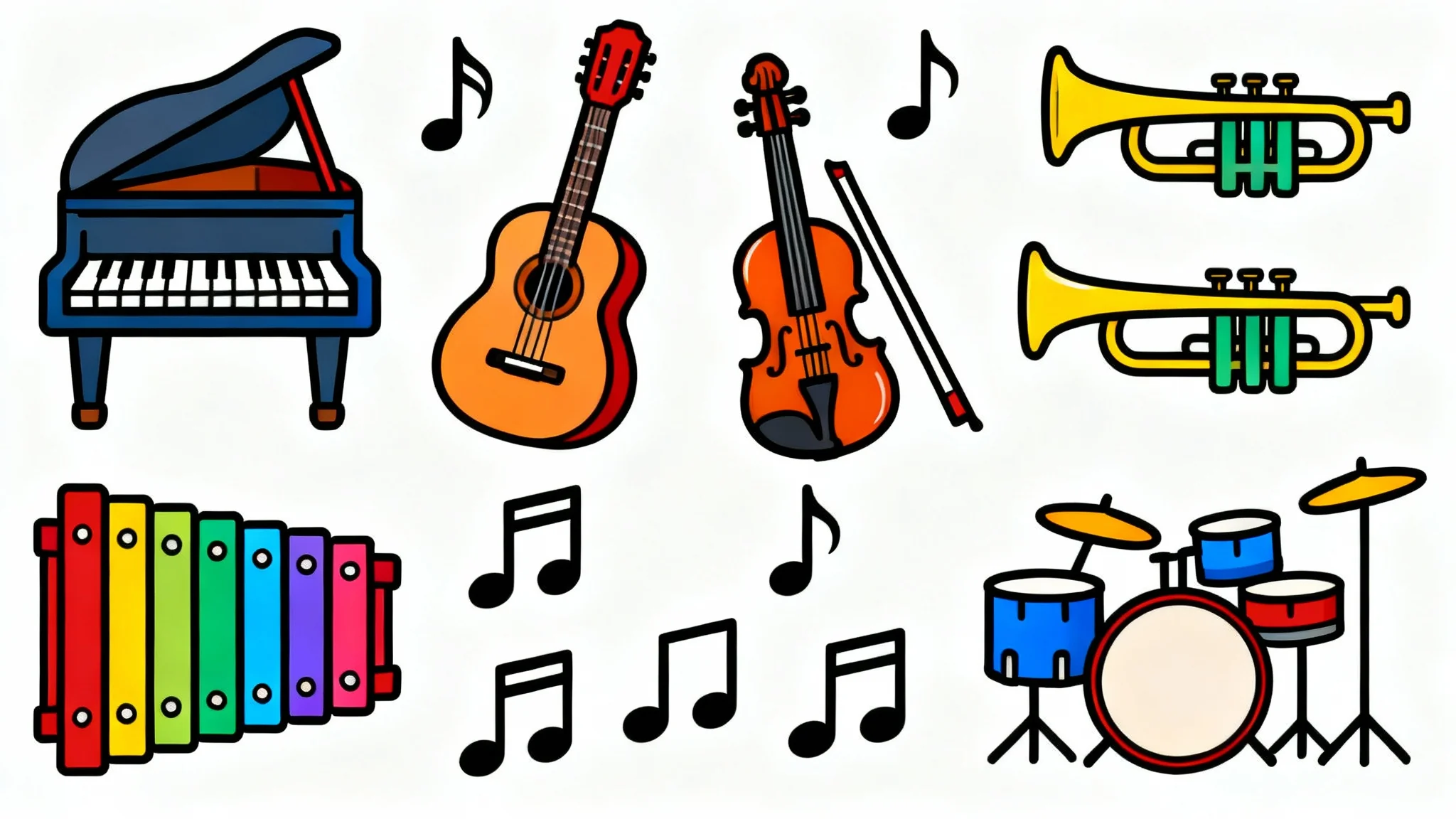 A collection of colorful music classroom clipart on a white background, featuring a piano, guitar, violin, trumpet, xylophone, drums, and musical notes in a flat, vector style.