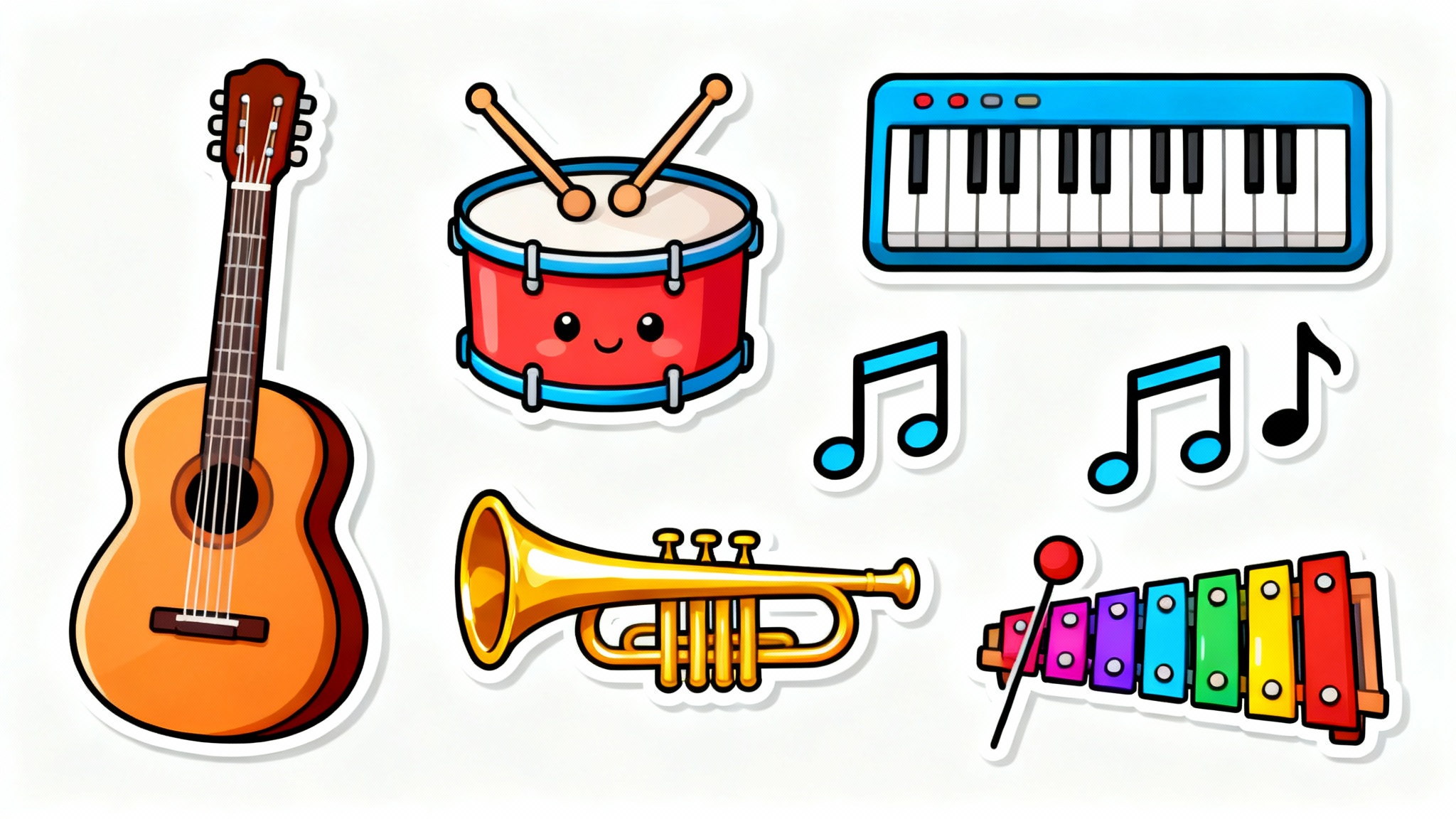 A colorful collection of music classroom clipart, including a guitar, keyboard, drum, trumpet, and musical notes, all in a flat, modern style on a white background.