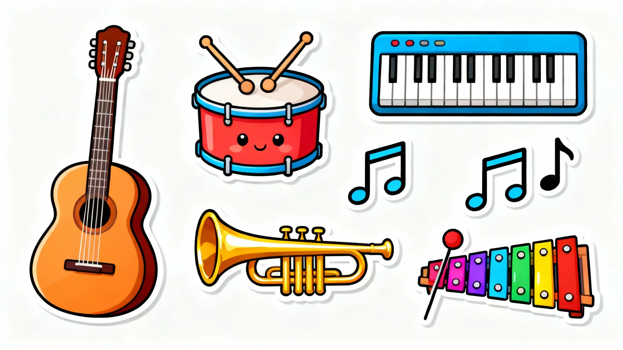 A colorful collection of music classroom clipart, including a guitar, keyboard, drum, trumpet, and musical notes, all in a flat, modern style on a white background.