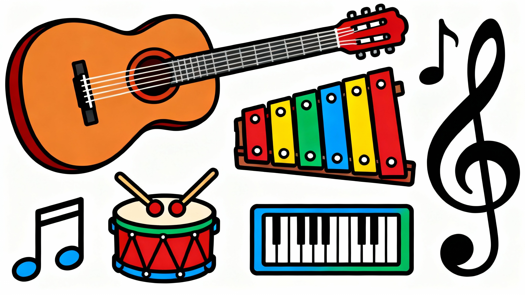 A colorful collection of music classroom clipart, including a guitar, xylophone, drum, and musical notes, all in a flat, modern style on a white background.