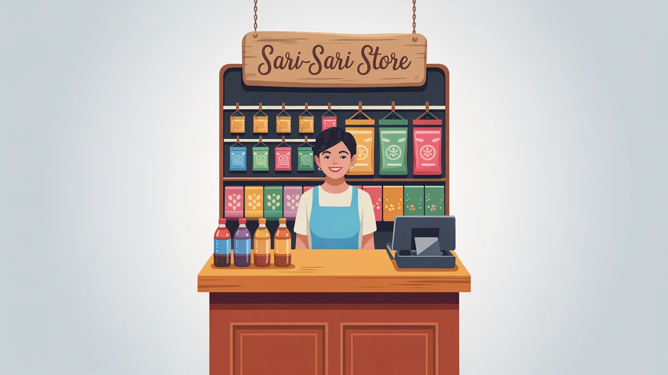 A professional vector illustration of a Filipino sari-sari store, shown from an isometric angle. The image is a polished final design, featuring vibrant colors, a detailed storefront with various products, and a sign that says 'SARI-SARI STORE'.