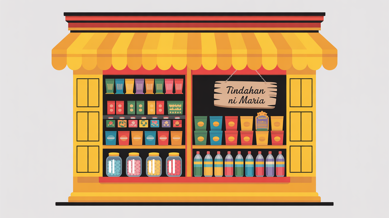 A colorful clipart illustration of a traditional Filipino sari-sari store named 'Tindahan ni Maria', isolated on a white background.
