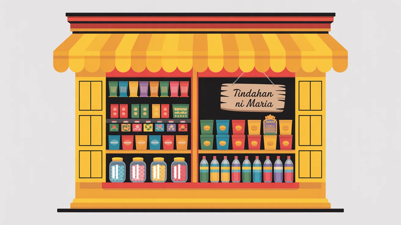 A colorful clipart illustration of a traditional Filipino sari-sari store named 'Tindahan ni Maria', isolated on a white background.