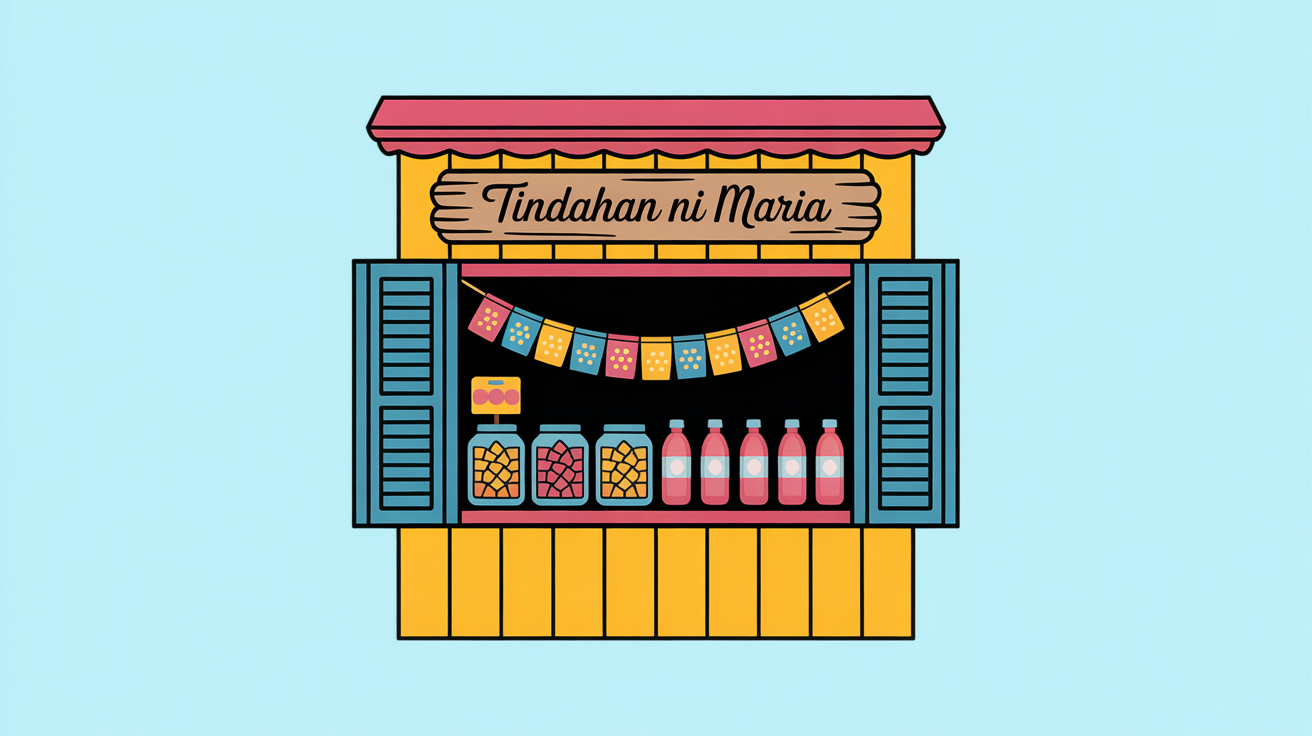 A colorful clipart illustration of a Filipino sari-sari store, featuring a sign that says 'Tindahan ni Maria' and various snacks and drinks on display, set against a plain white background.