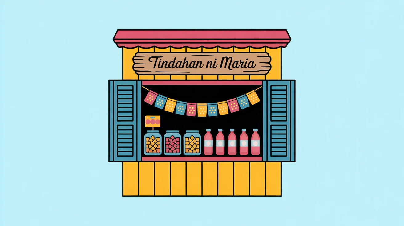A colorful clipart illustration of a Filipino sari-sari store, featuring a sign that says 'Tindahan ni Maria' and various snacks and drinks on display, set against a plain white background.