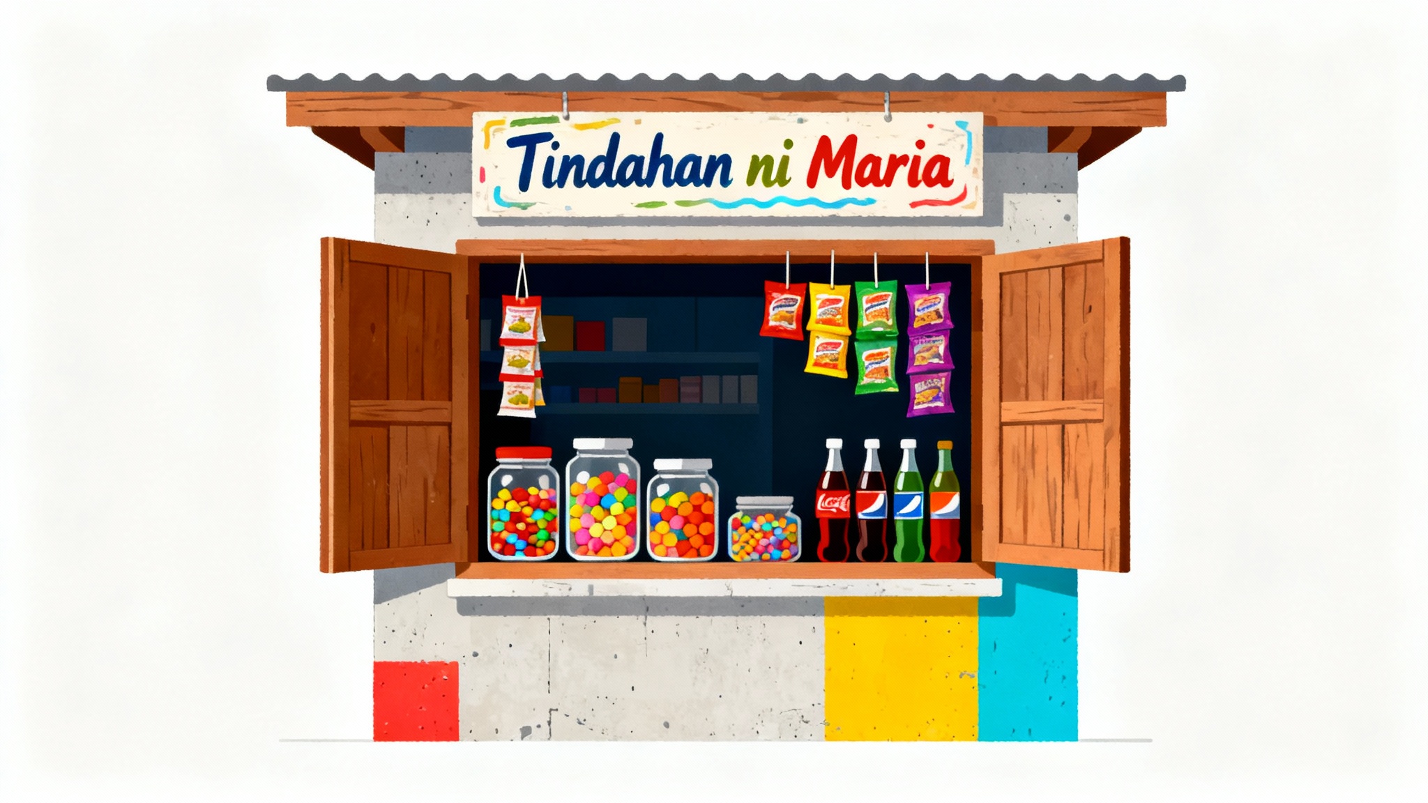A colorful vector clipart of a friendly Filipino sari-sari store, isolated on a white background. The store has a sign that says 'Tindahan ni Maria' and displays various goods for sale.