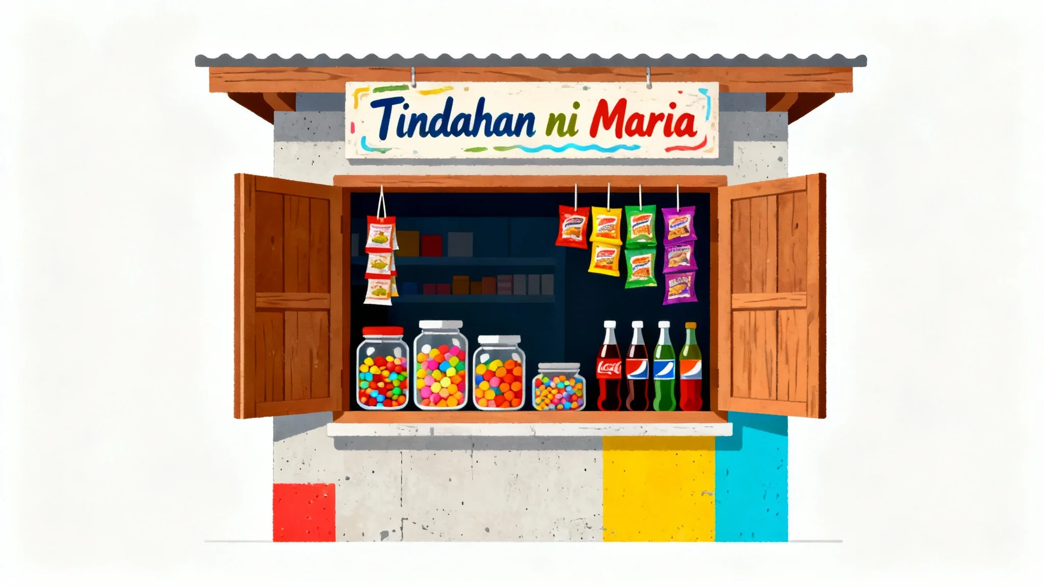 A colorful vector clipart of a friendly Filipino sari-sari store, isolated on a white background. The store has a sign that says 'Tindahan ni Maria' and displays various goods for sale.