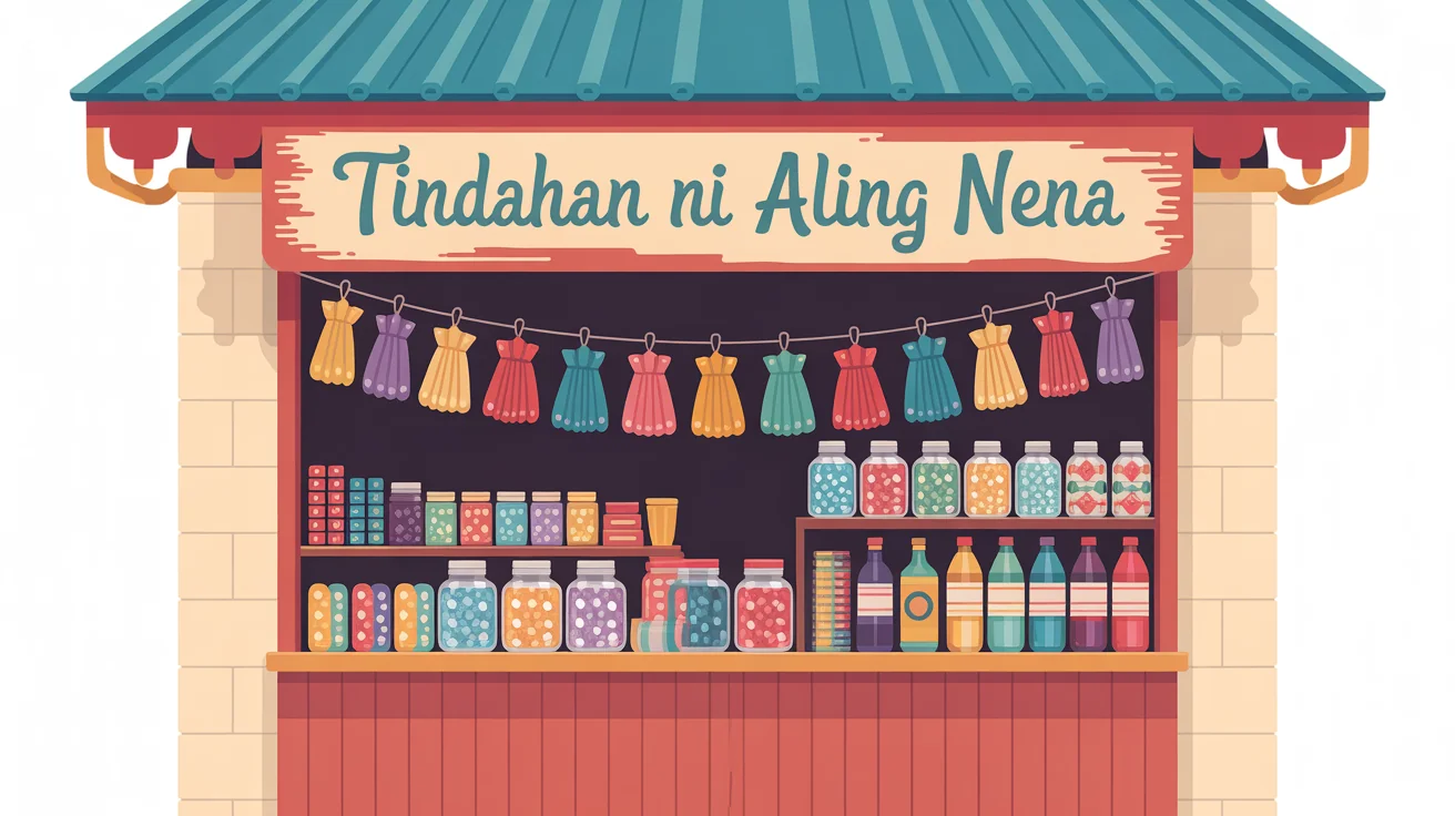 A colorful clipart illustration of a Filipino sari-sari store with a sign that says 'Tindahan ni Aling Nena' and various goods on display.
