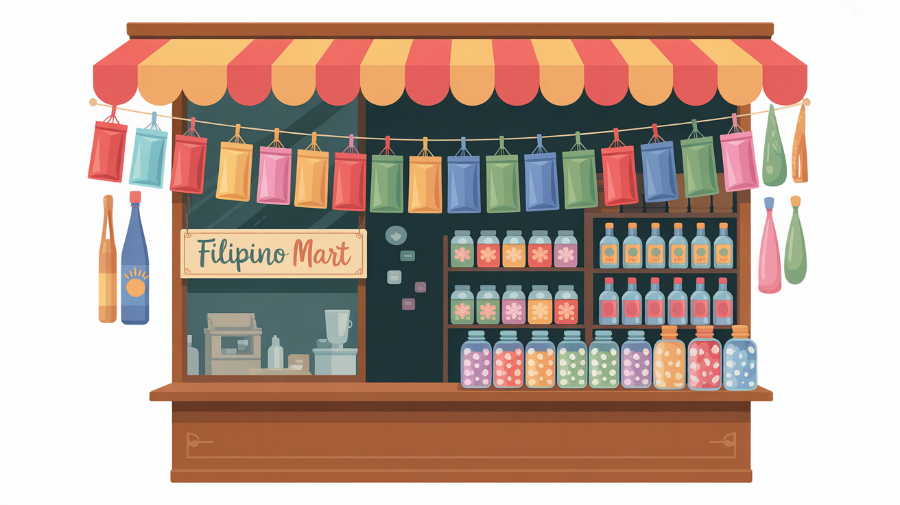 A colorful clipart illustration of a Filipino sari-sari store with a sign that reads 'Filipino Mart', showcasing various goods on a white background.