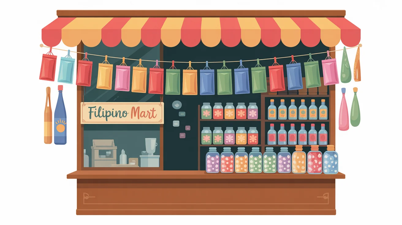 A colorful clipart illustration of a Filipino sari-sari store with a sign that reads 'Filipino Mart', showcasing various goods on a white background.