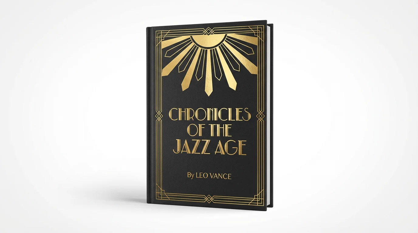 A photorealistic mockup of a hardcover book with an Art Deco cover. The black cover features a large gold foil sunburst design and the title 'Chronicles of the Jazz Age' in a gold Art Deco font.