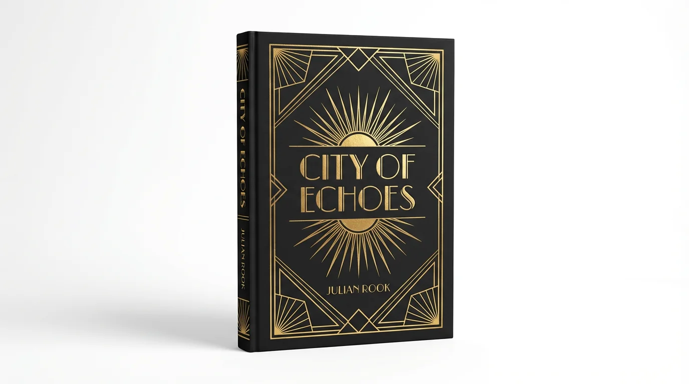 A photorealistic mockup of a hardcover book with a black and gold Art Deco design. The title 'City of Echoes' is written in gold on the front cover. The book is standing on a clean white background.