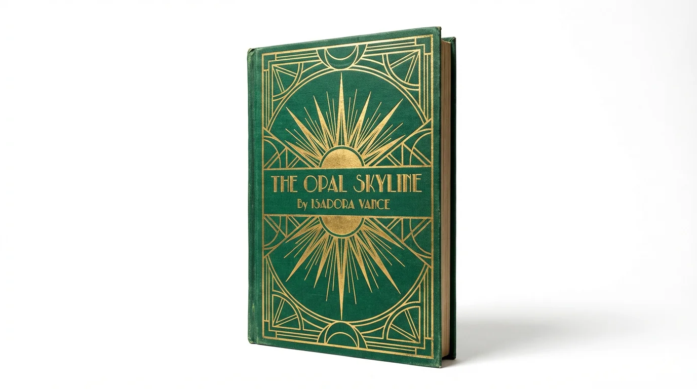 A photorealistic mockup of a hardcover book with an Art Deco design. The emerald green cover features a gold sunburst pattern and the title 'THE OPAL SKYLINE' in gold lettering, standing on a white background.