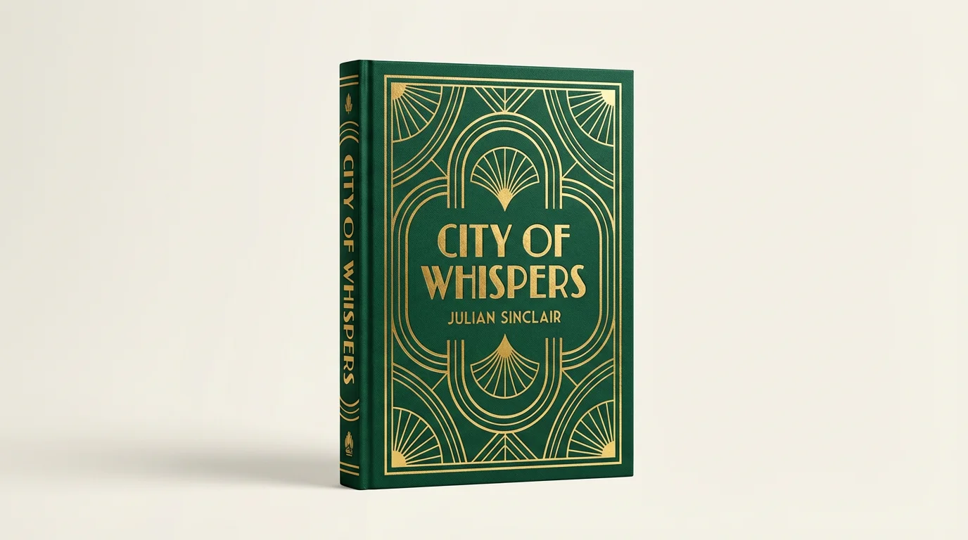 A photorealistic mockup of a hardcover book with a sophisticated Art Deco cover in emerald green and gold. The title reads 'CITY OF WHISPERS' by 'JULIAN SINCLAIR'.