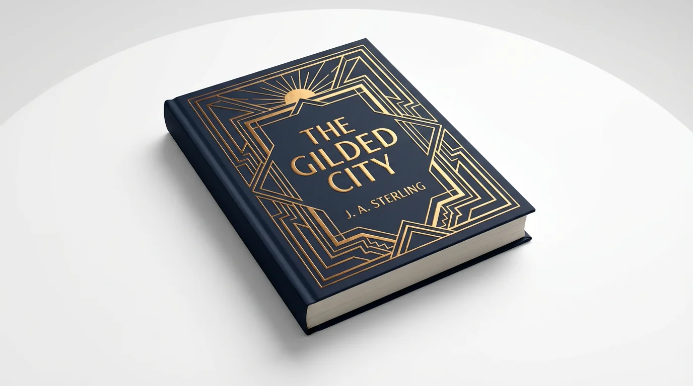 A photorealistic mockup of a hardcover book with an Art Deco style cover. The cover is dark blue with gold foil geometric patterns and features the fictional title "The Gilded City" by "J. A. Sterling". The book is standing on a clean white background.