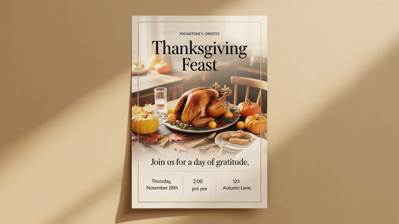 A professionally designed Thanksgiving feast flyer with autumn colors, a central illustration of a harvest scene, and placeholder text for event details.