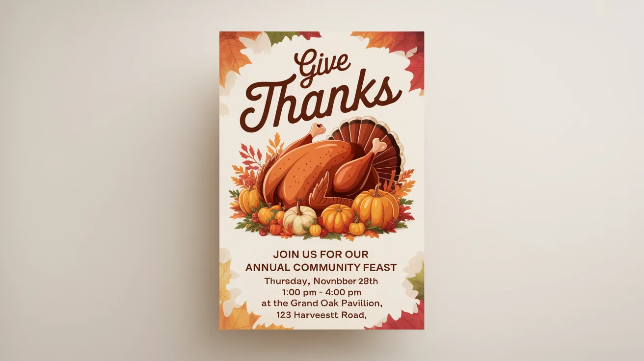 A festive Thanksgiving flyer mockup for a community feast, featuring the text 'Give Thanks', illustrations of a turkey and pumpkins, and event details on a white background.