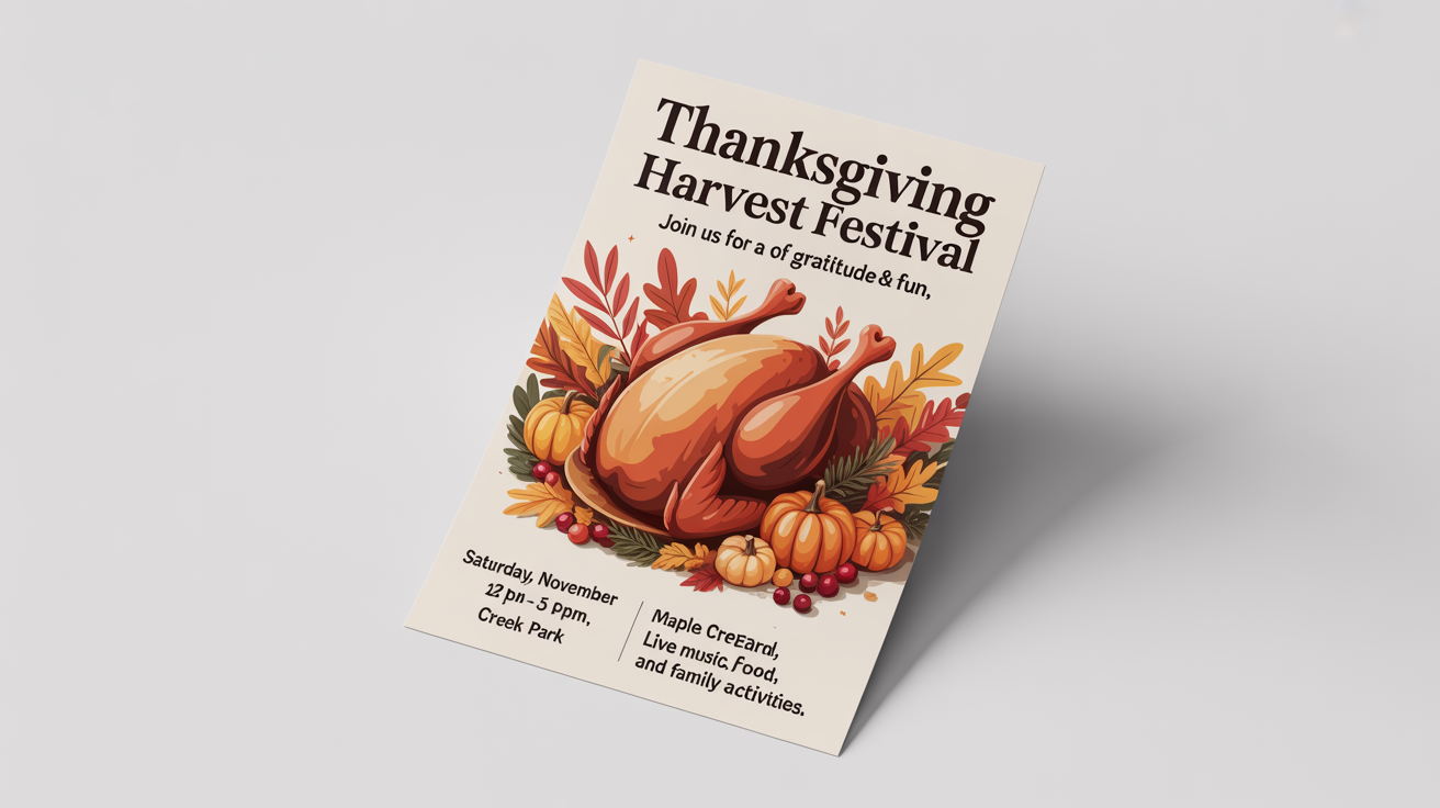 A festive Thanksgiving flyer mockup with a turkey illustration and event details for a 'Thanksgiving Harvest Festival'. The background is white.