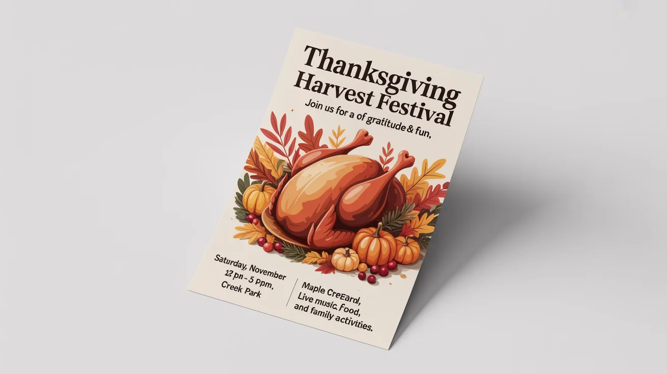 A festive Thanksgiving flyer mockup with a turkey illustration and event details for a 'Thanksgiving Harvest Festival'. The background is white.