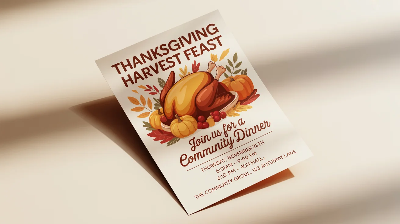 A professionally designed mockup of a Thanksgiving flyer on a white background. The flyer has a festive autumn theme and includes event details for a 'Thanksgiving Harvest Feast'.