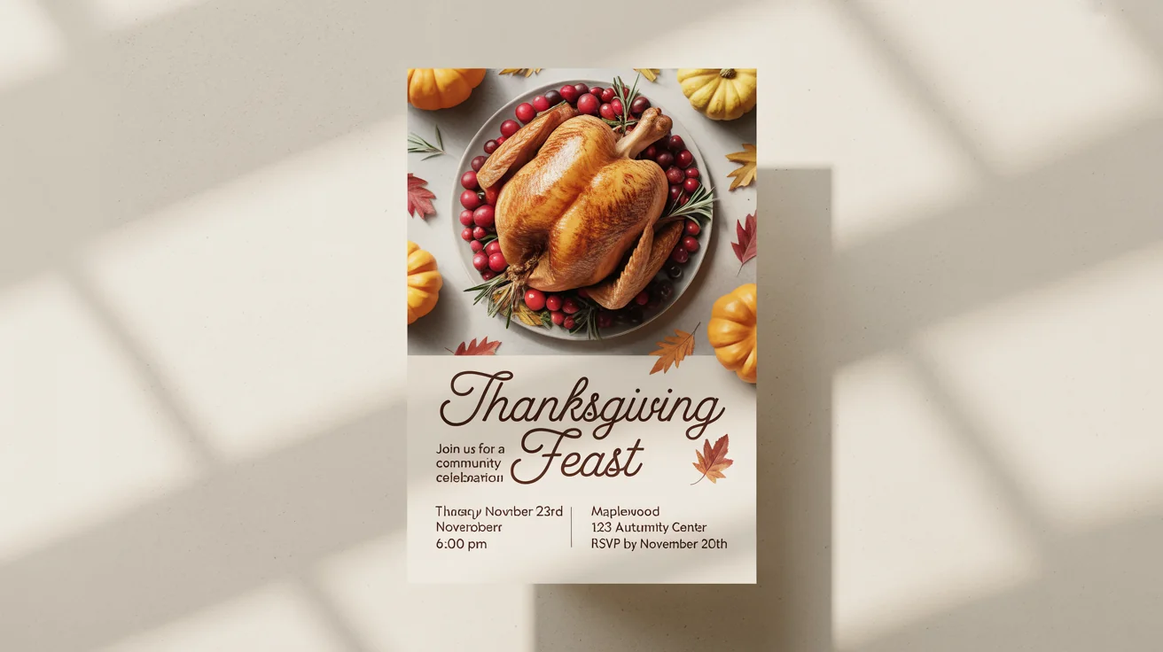 A professionally designed Thanksgiving flyer mockup featuring a roasted turkey and autumnal graphics. The text invites guests to a 'Thanksgiving Feast' on November 23rd.
