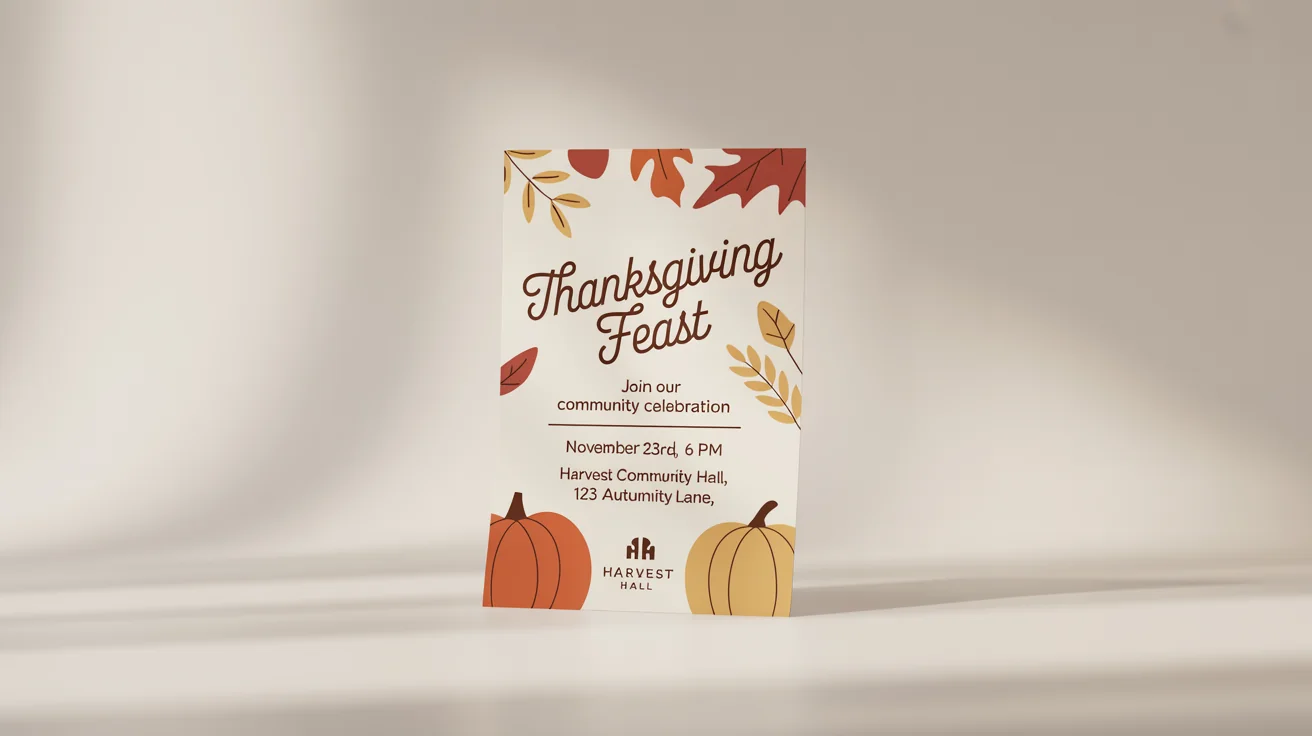 A modern Thanksgiving flyer mockup with the headline 'Thanksgiving Feast' and event details, decorated with autumn leaves and a pumpkin on a white background.