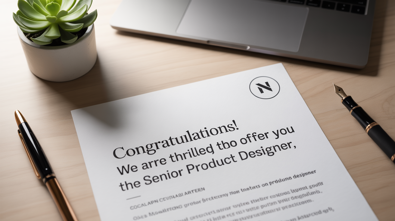 A professionally designed job offer letter with a modern logo, laid on a clean desk next to a laptop, pen, and a small plant, representing a polished final document.