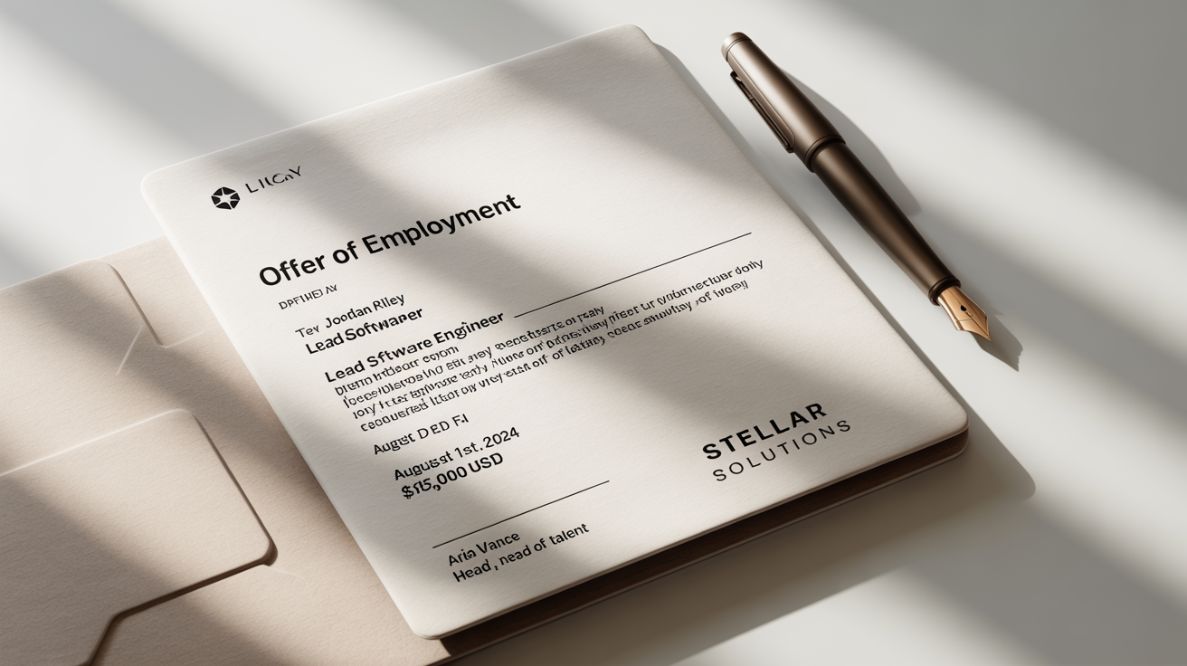 A professionally designed job offer letter from 'Stellar Solutions' lying on a white surface, with a sleek black pen next to it, conveying a modern and professional tone.