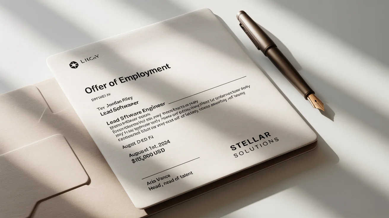 A professionally designed job offer letter from 'Stellar Solutions' lying on a white surface, with a sleek black pen next to it, conveying a modern and professional tone.