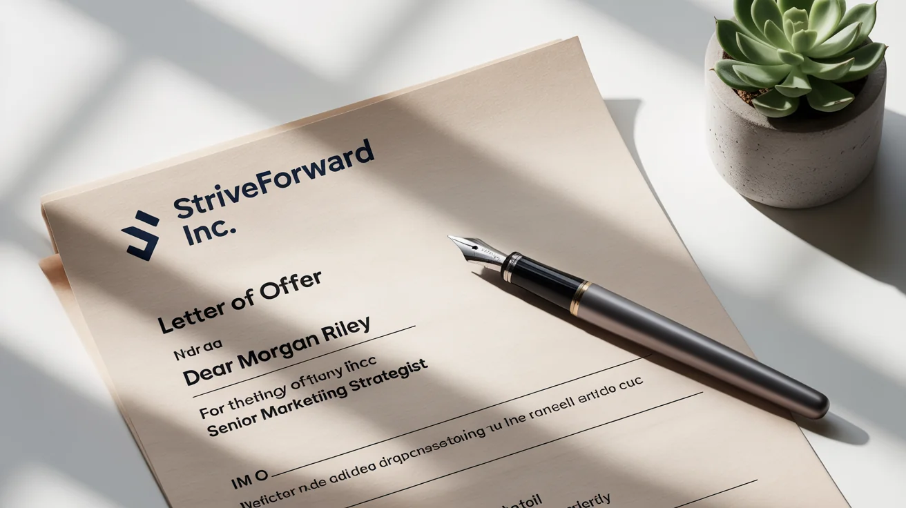 A professional and modern job offer letter from 'StriveForward Inc.' for the position of 'Senior Marketing Strategist', displayed on a white surface with a sleek black pen and a small plant.