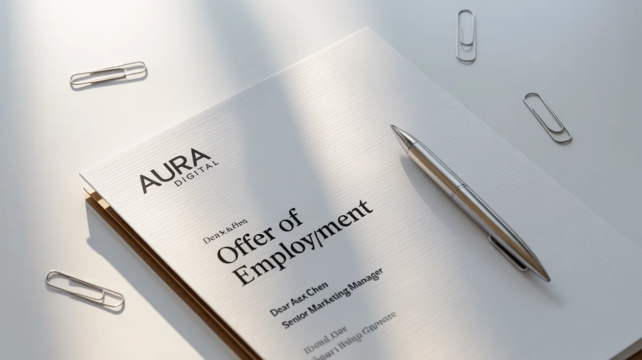 A professionally designed offer letter from 'Aura Digital' for a Senior Marketing Manager role, displayed in a flat lay mockup on a clean white background with a modern pen.
