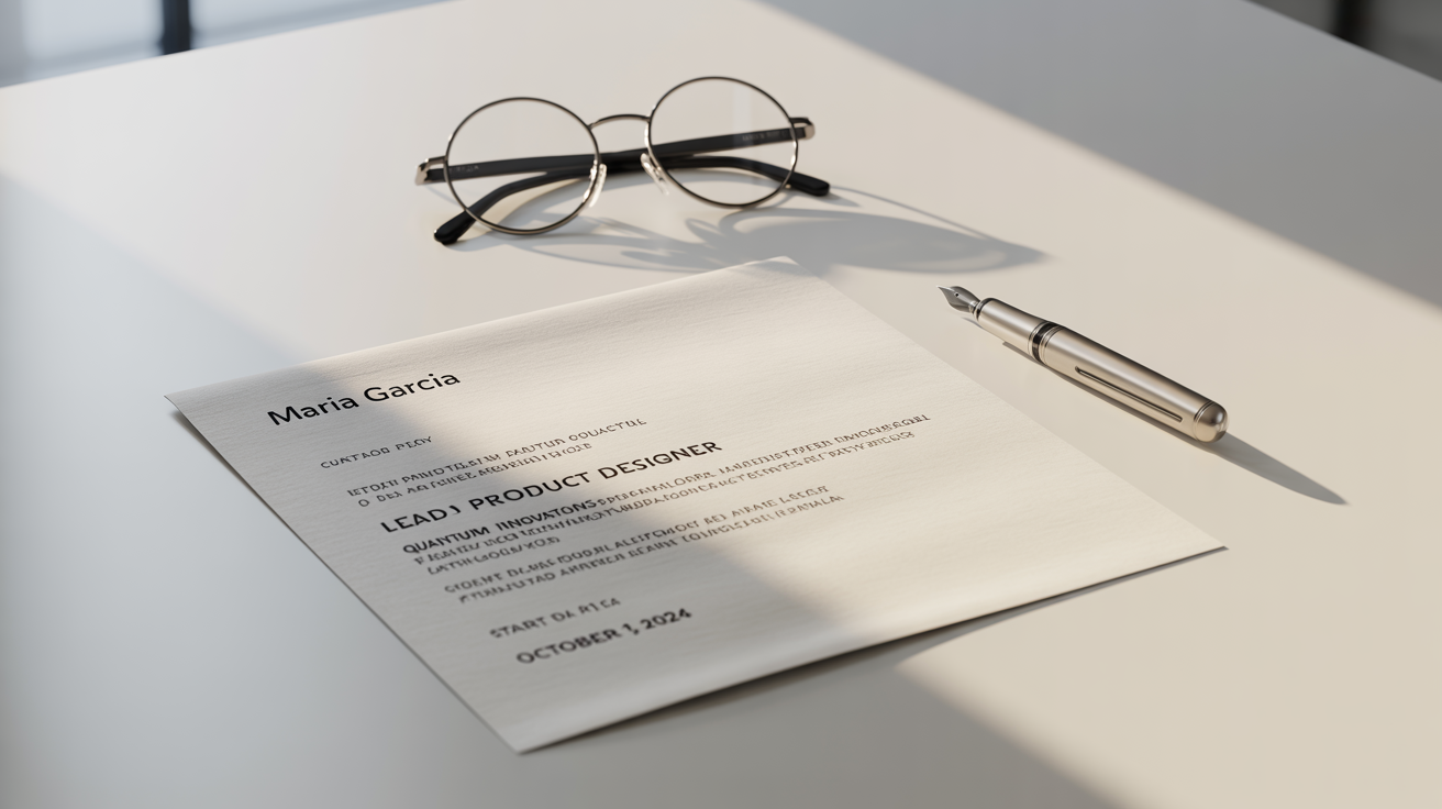 A professionally designed offer letter from 'Quantum Innovations' for Maria Garcia, laid out on a white desk with a pen and glasses, signifying a successful job offer.