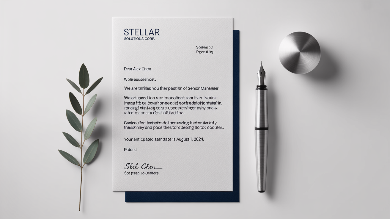 A professionally designed job offer letter from 'Stellar Solutions Corp.' for a Senior Marketing Manager position, displayed on a clean white background with a silver pen next to it.