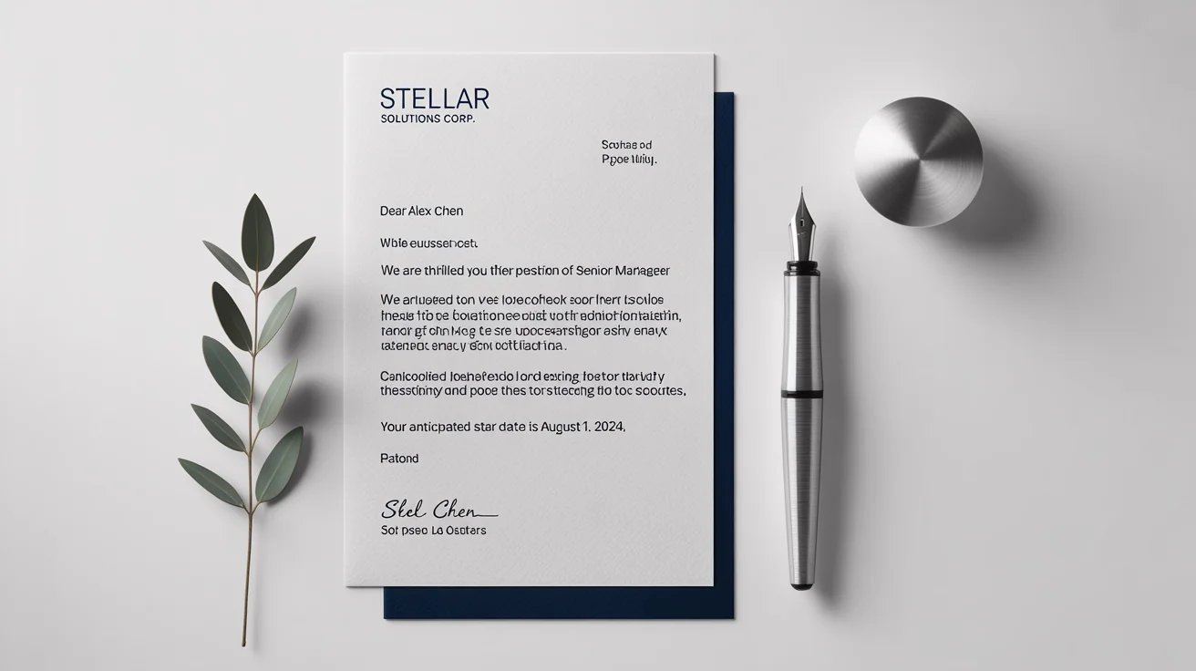 A professionally designed job offer letter from 'Stellar Solutions Corp.' for a Senior Marketing Manager position, displayed on a clean white background with a silver pen next to it.