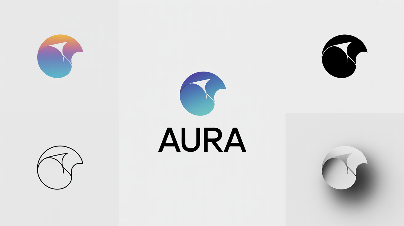 A central logo of a stylized bird with the word 'AURA' below it, surrounded by four different variations of the same logo, demonstrating logo modification on a clean white background.