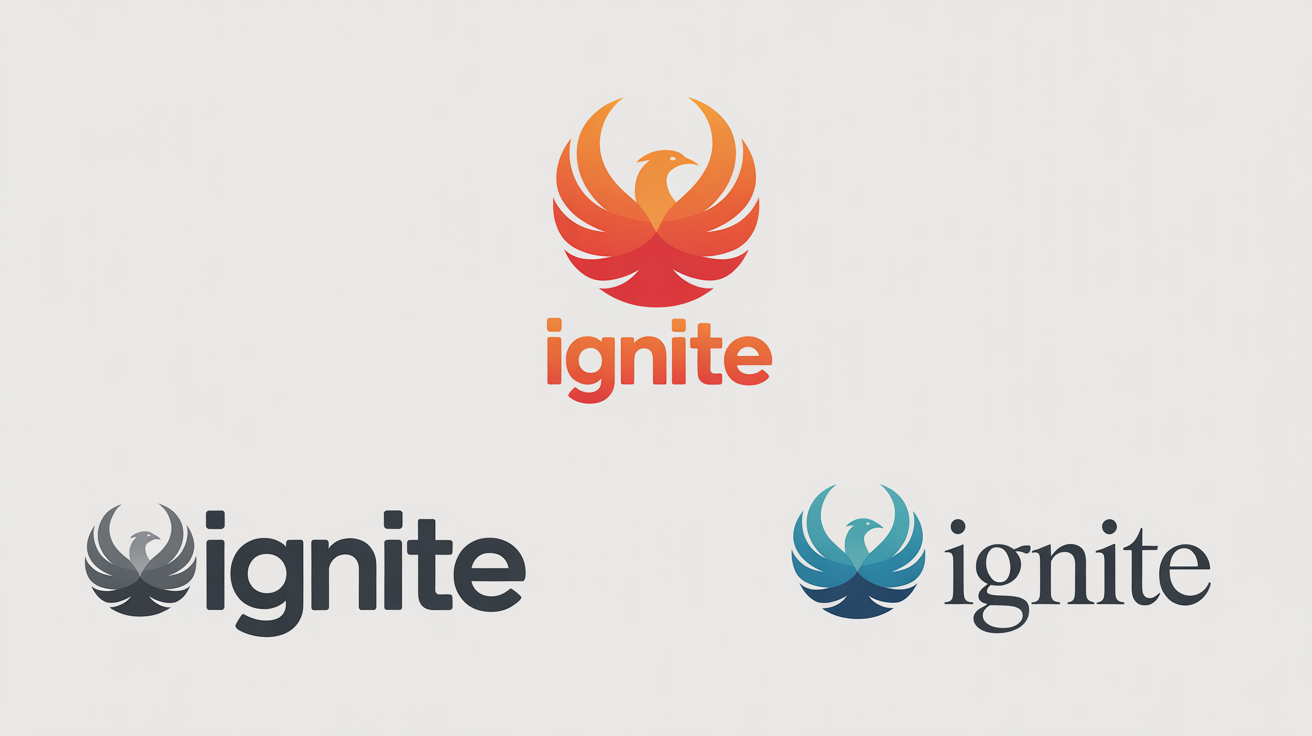 A mockup showing the modification of a logo, with an original fiery phoenix design for the brand 'IGNITE' flanked by two redesigned versions: one minimalist and one with a blue color scheme.