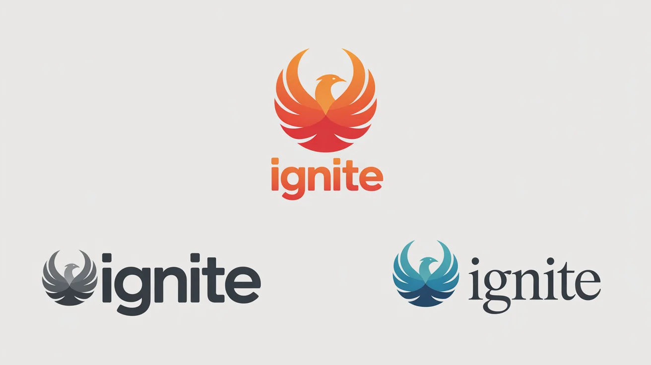 A mockup showing the modification of a logo, with an original fiery phoenix design for the brand 'IGNITE' flanked by two redesigned versions: one minimalist and one with a blue color scheme.