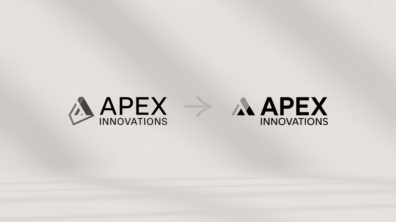 A before-and-after comparison of a logo modification. The old logo is complex with 3D effects, while the new, modern version is minimalist and flat, showing a clear visual upgrade.